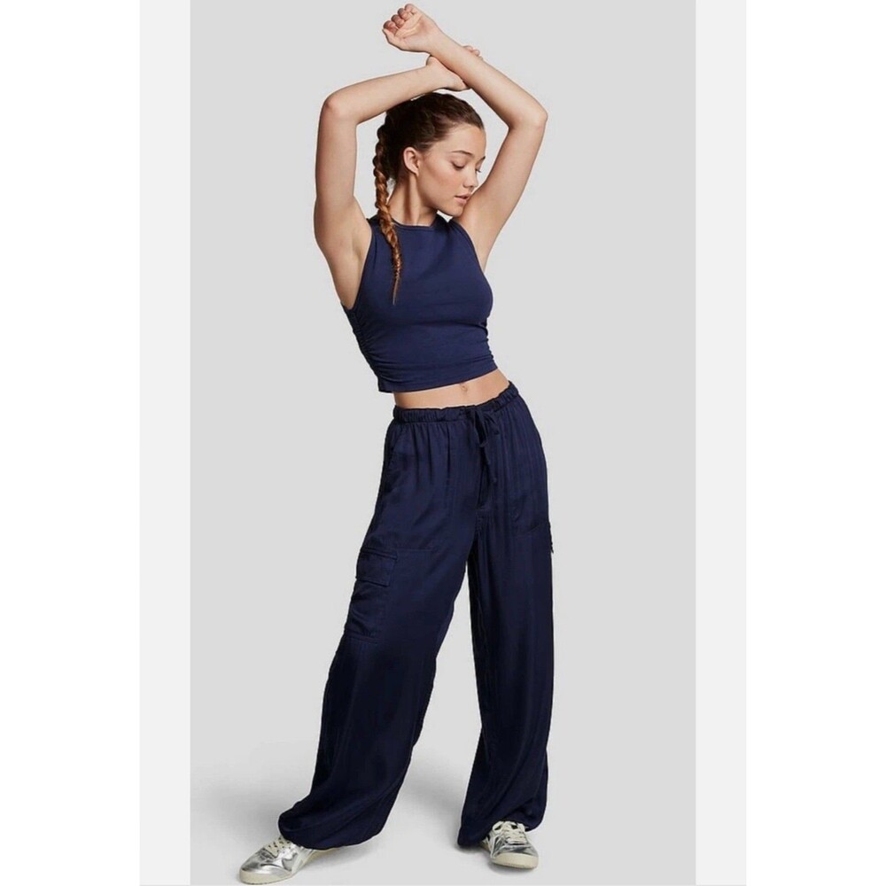 Victorias Secret PINK Blue Satin Cargo Pants Pockets Drawstring Athleisure Sz M